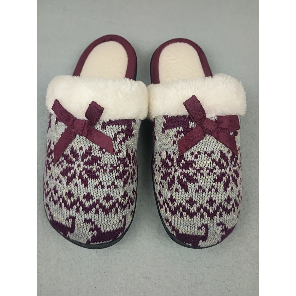 Womens Fair Isle Knit Scuff Slippers Burgundy Grey Snowflake Reindeer Size M